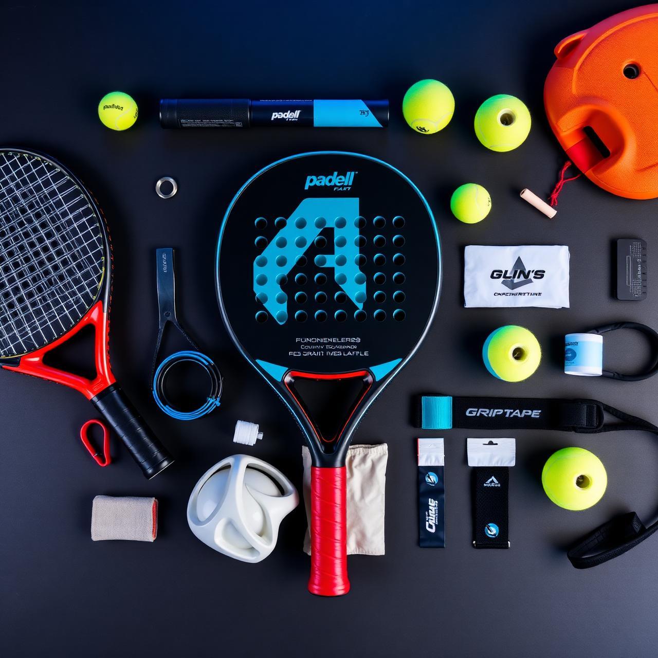 Padel rackets, balls and accessories flat-lay